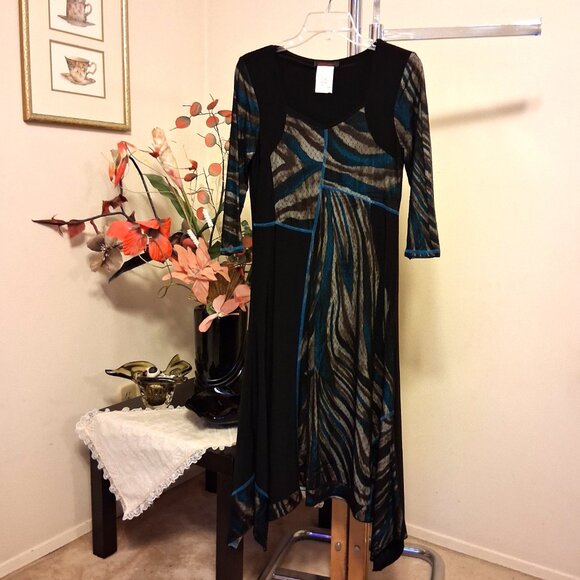 NWT Simon Chang Women’s Classy Stretchy Black Teal Maxi Dress ¾ Sleeve Size 8 - Picture 7 of 8